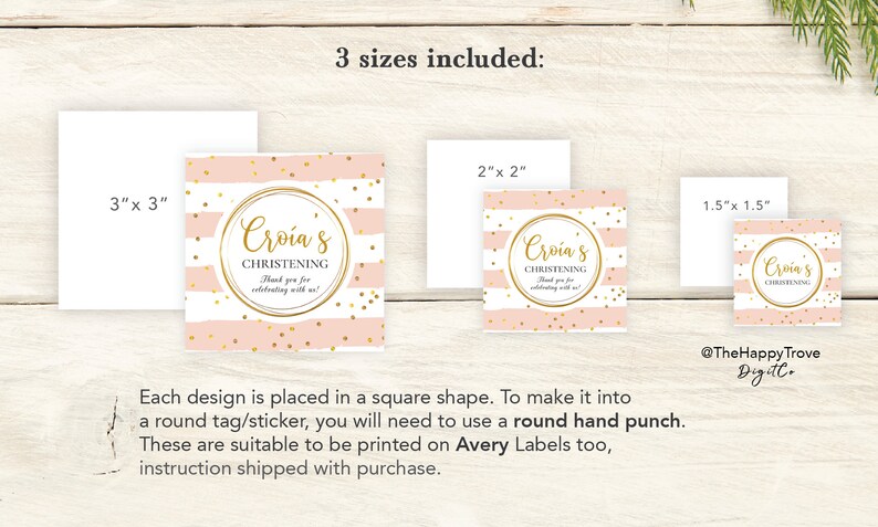 Blush & Gold Christening Sticker Template: Editable Favor Tag (digital ...