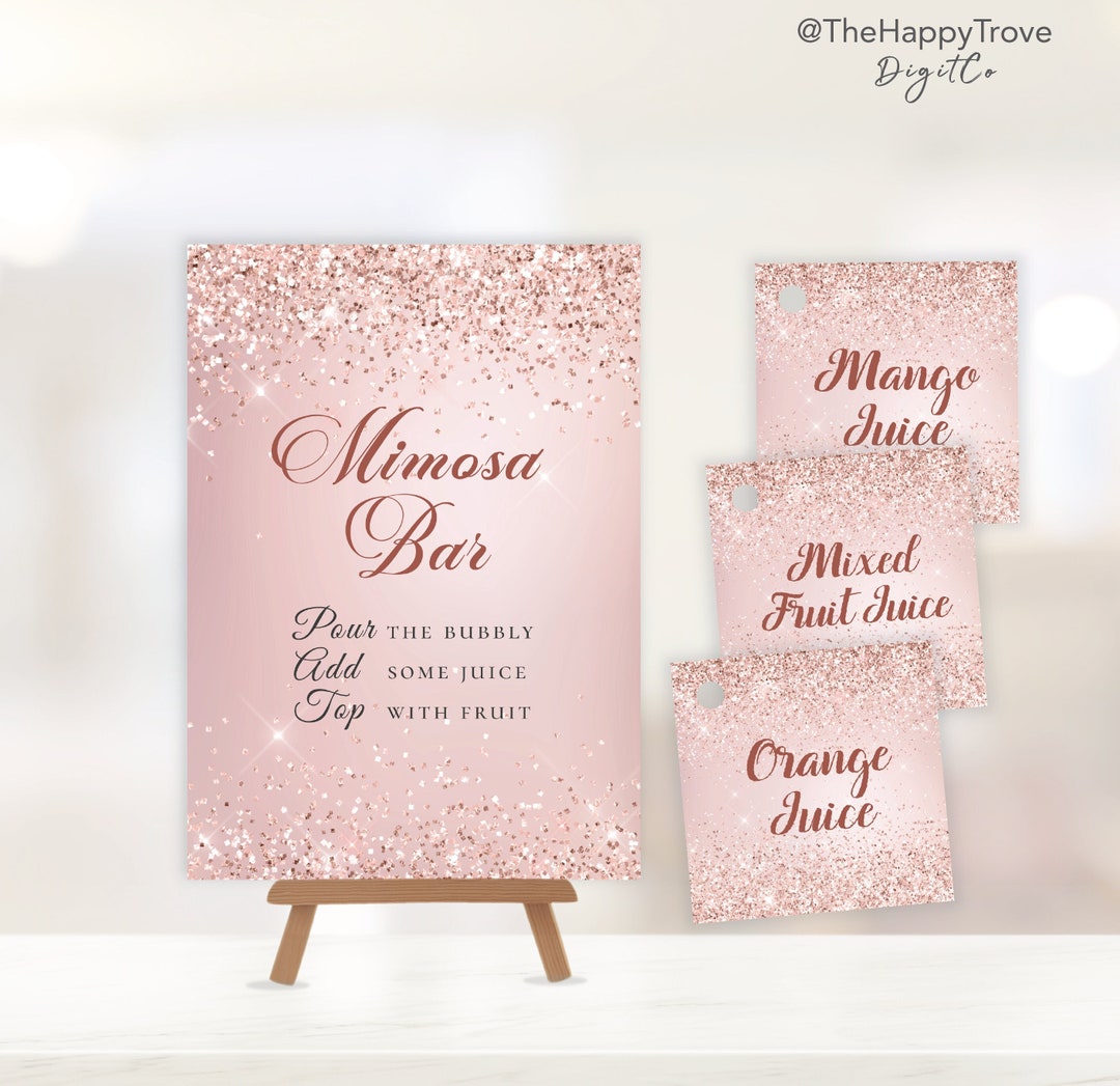 ROSA Rose Gold Glitter Mimosa Bar Sign and Tag, Editable Digital ...