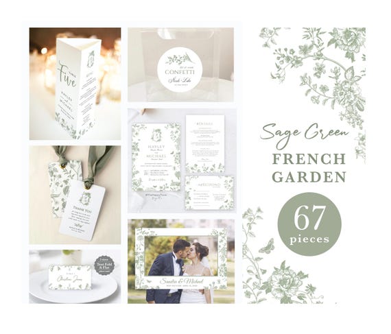 Sage Green Wedding Invitation Bundle: French Toile, Chinoiserie (Digital Download) GWEN