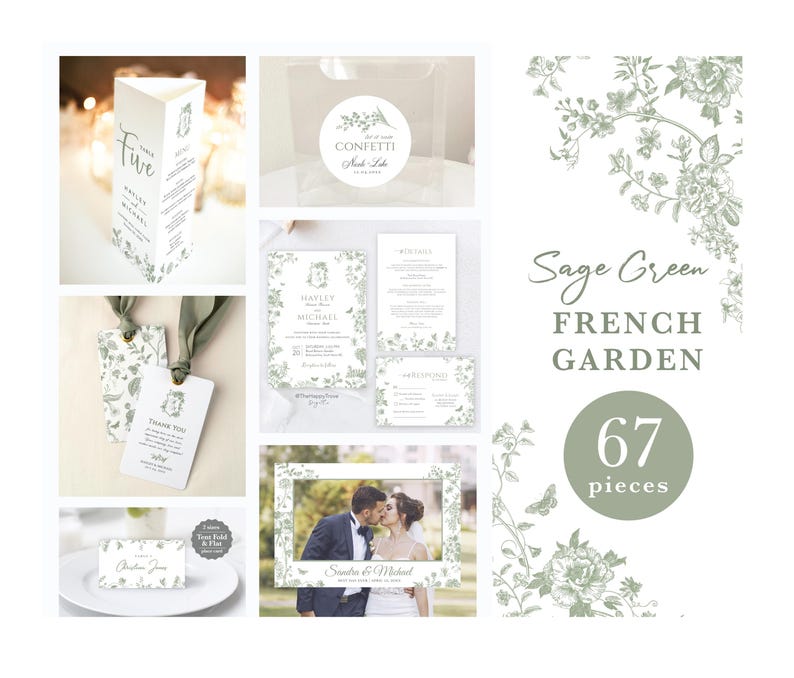 May include: A collection of sage green wedding stationery with floral designs. Includes invitations, place cards, table numbers, confetti, and a photo frame. The theme is "French Garden."