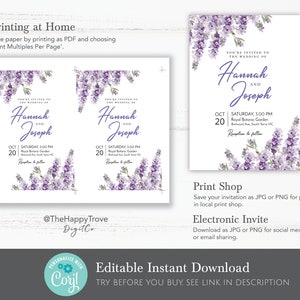 May include: A lavender wedding invitation with a watercolor floral design. The invitation reads "You're invited to the wedding of Hannah and Joseph" with the date and time of the wedding. The invitation also includes the location of the wedding and reception.