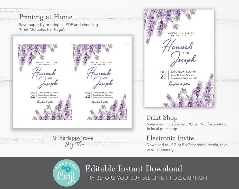 May include: A lavender wedding invitation with a watercolor floral design. The invitation reads "You're invited to the wedding of Hannah and Joseph" with the date and time of the wedding. The invitation also includes the location of the wedding and reception.