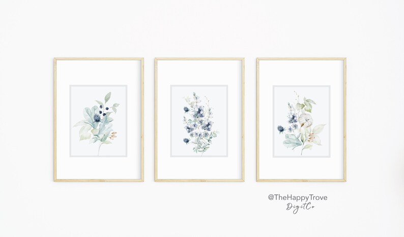 Hamptons Style Dusty Blue Floral Wall Art Set of 3, editable digital instant download, template 8x10 5x7 portrait image 5