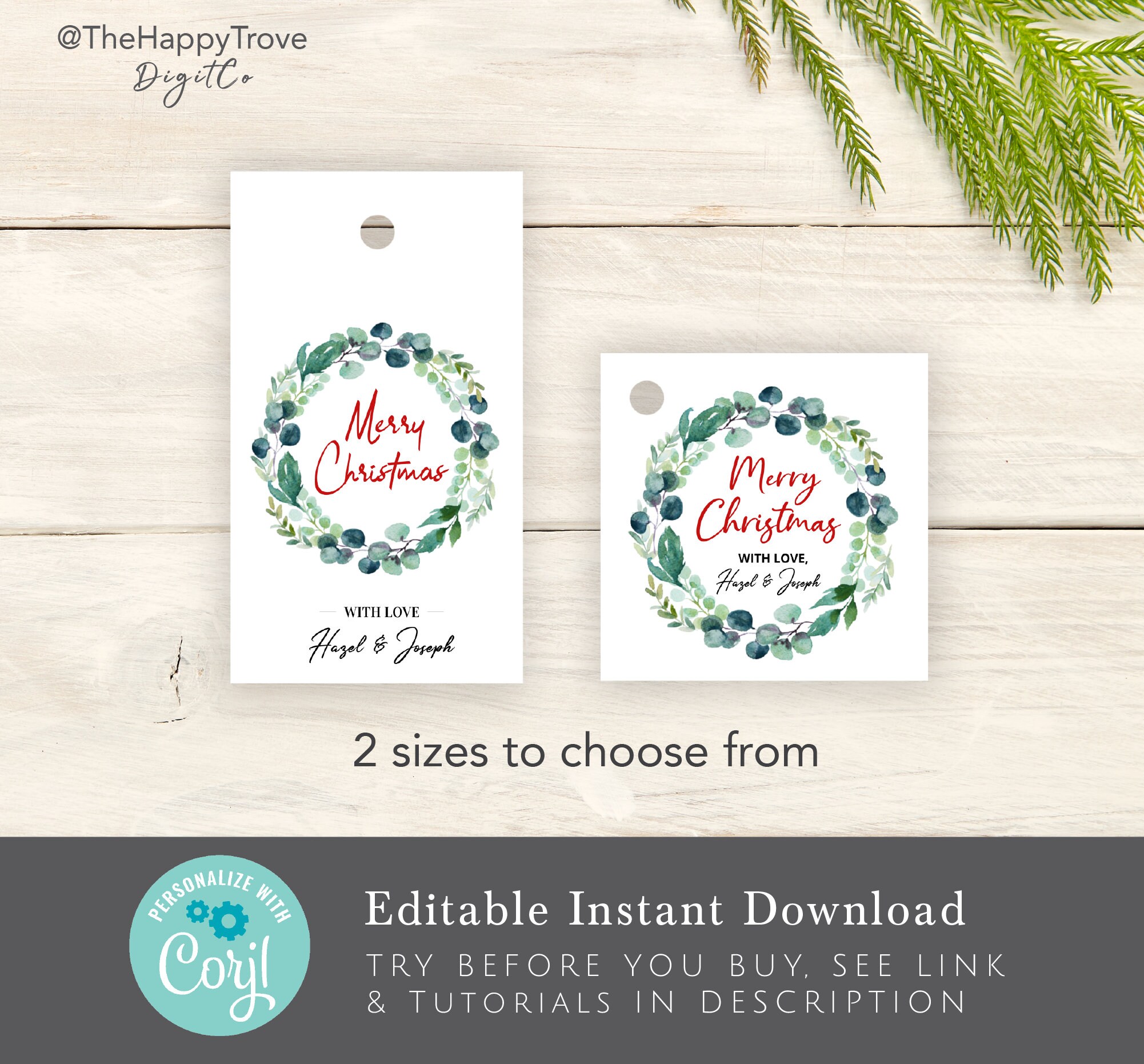 Printable Christmas Gift Tag - Greenery Wreath , Editable Instant ...