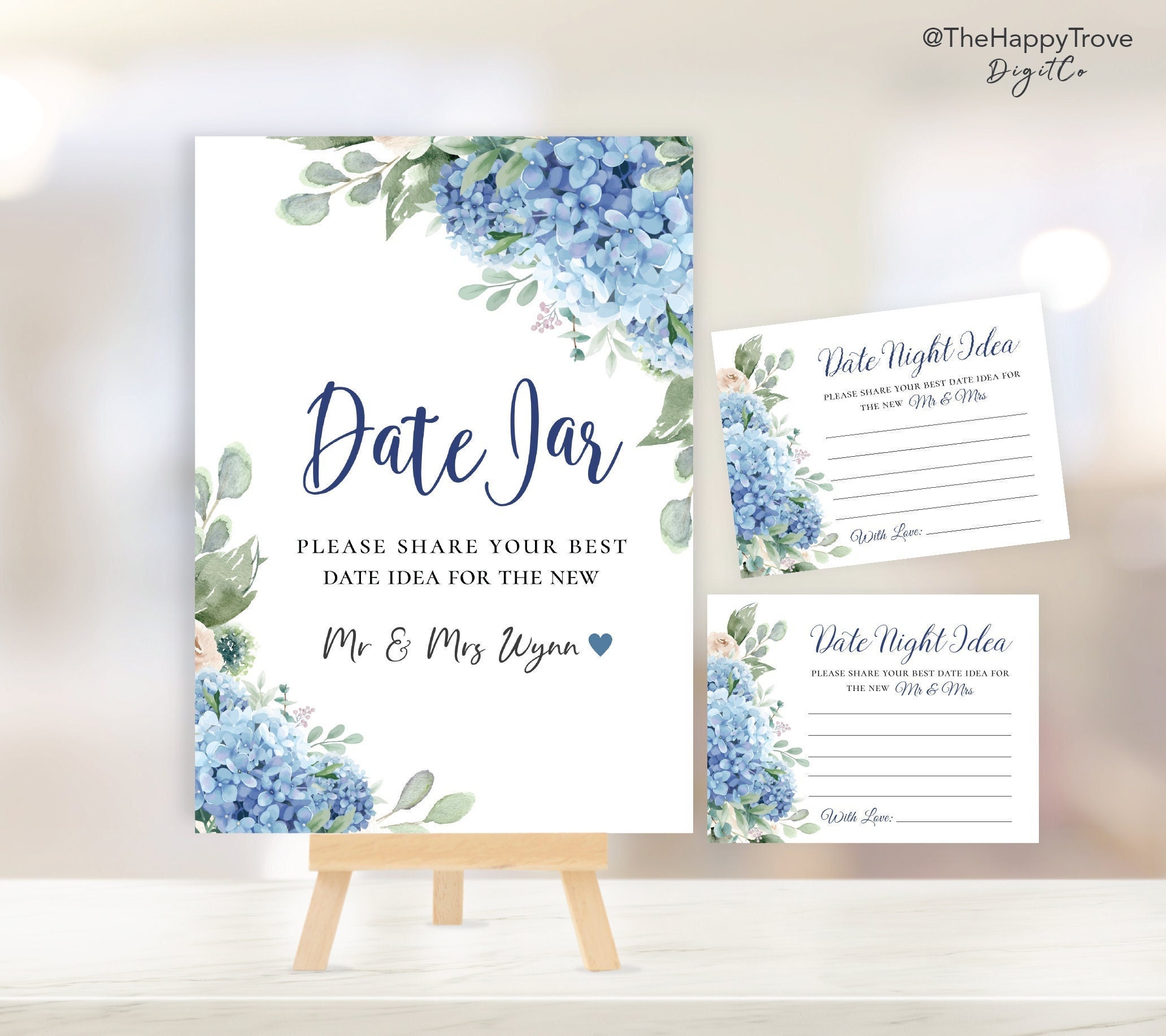 SINI Blue Hydrangea Date Jar Sign and Card, editable digital download,  template 8x10 5x7 portrait sign, 4 x 3 card, wedding, bridal shower