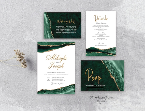 VERDA Emerald Green & Gold Printable Wedding Invitation Set, editable instant download, digital download, template