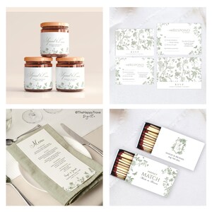 May include: A collection of wedding stationery and favors. Includes three jars with wooden lids, RSVP cards, a menu, and matchboxes. All items feature a floral design in green and white, with elegant typography.