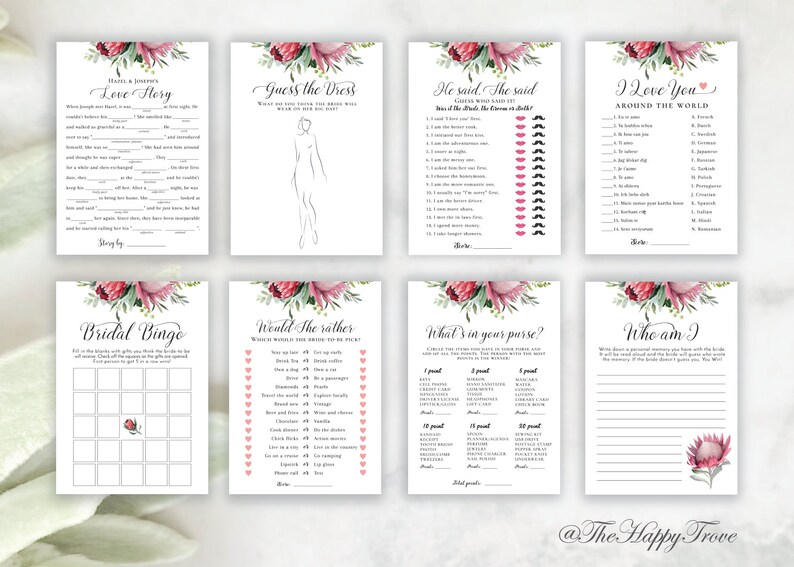 digital download electronic P1 template 12 Protea Bridal Shower Game Bundle Set editable instant download
