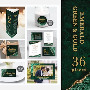 Plantilla de paquete de invitación de boda con temática VERDA Emerald Green & Gold, suite de invitación de boda, paquete de plantillas de boda, conjunto de bodas