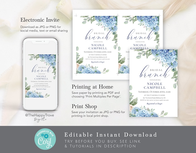 SINI Blue Hydrangea Bridal Shower Invitation, dusty blue, editable instant download, digital download, template, electronic invite image 3
