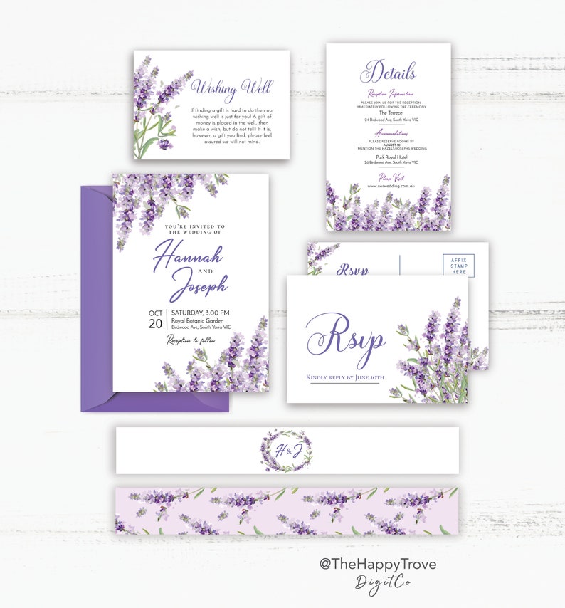May include: Purple wedding invitation suite with lavender floral designs. The invitation features the text "You're invited to the wedding of Hannah and Joseph" with the date and time of the wedding. The RSVP card has the text "Rsvp" and "Kindly reply by June 30th".