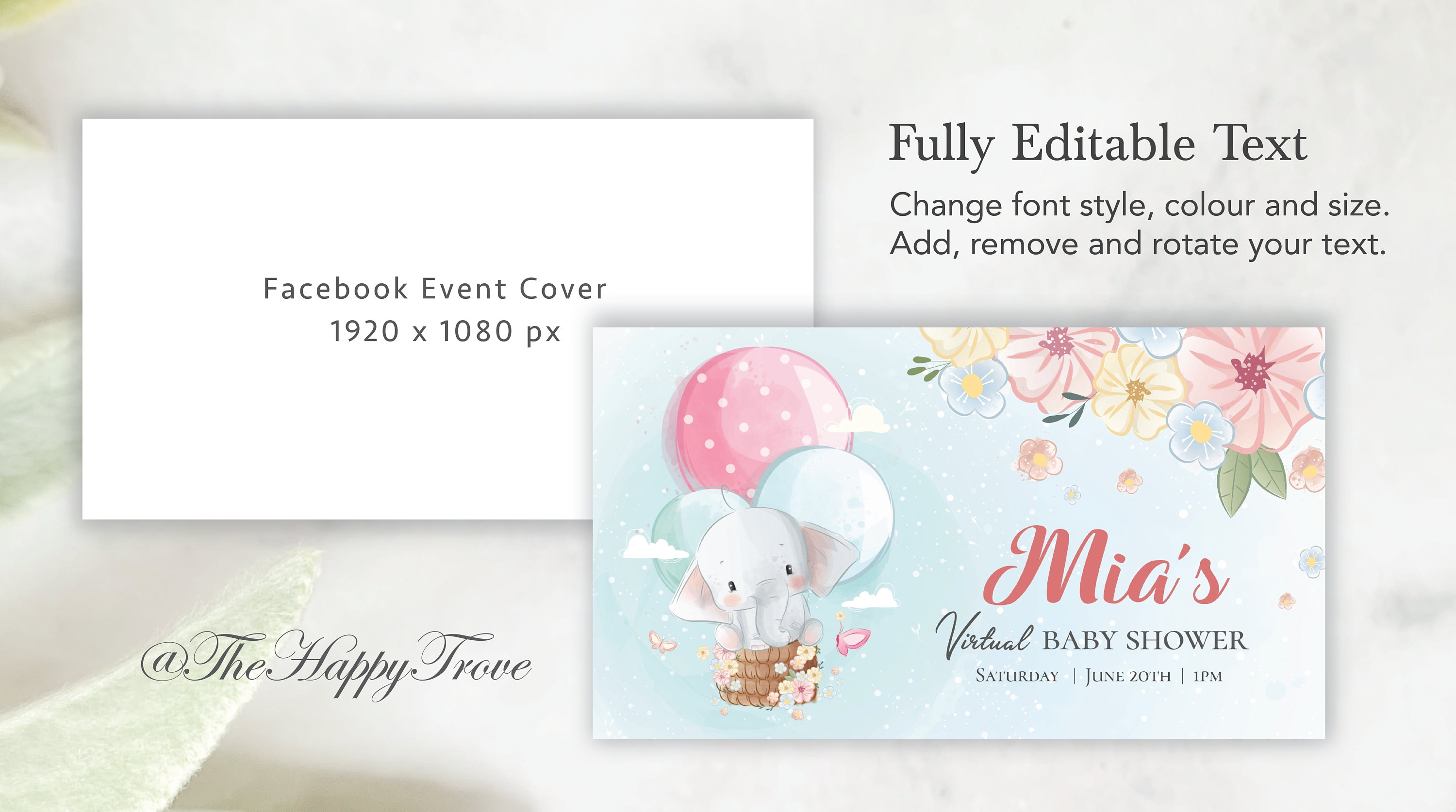 Virtual Baby Shower facebook event cover baby girl elephant Etsy