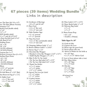 May include: A wedding bundle with 67 pieces and 39 items, including invitations, posters, menus, and labels. The image displays a list of items with sizes in inches and a floral design in the background. The text includes "Wedding Bundle" and "Links in description."