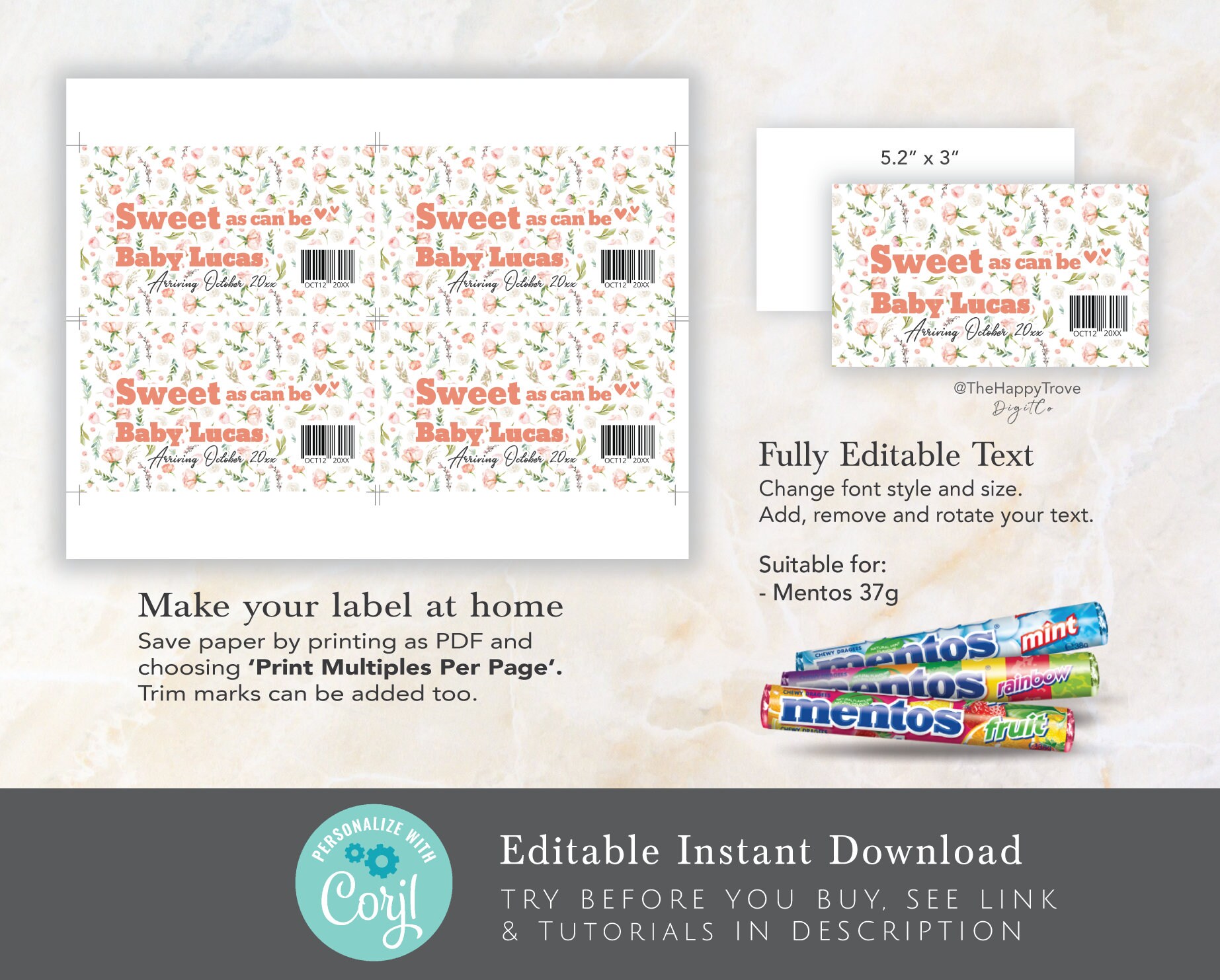 Blush Rose Baby Shower Candy Wrapper Template (digital Download) B1 - Etsy