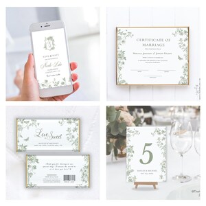 May include: A collection of wedding stationery with a floral design. Includes a phone screen with "Save the Date", a marriage certificate, chocolate bar wrappers, and a table number. The color scheme is white and green.