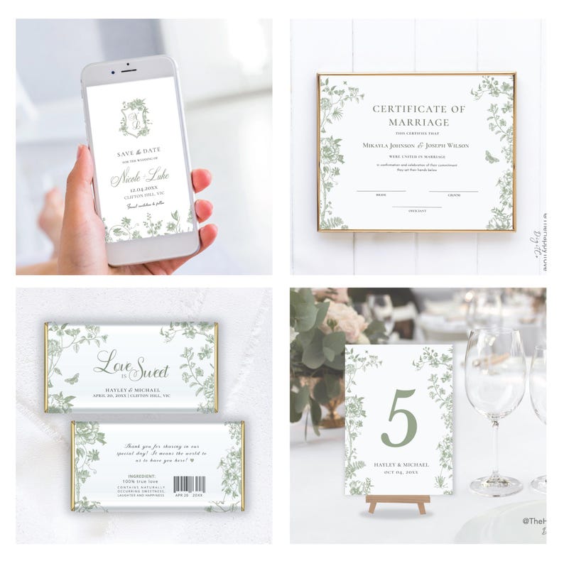 May include: A collection of wedding stationery with a floral design. Includes a phone screen with "Save the Date", a marriage certificate, chocolate bar wrappers, and a table number. The color scheme is white and green.