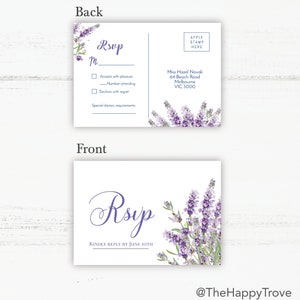 May include: A lavender-themed RSVP card with a floral design and the text "Rsvp" in cursive. The back of the card has a space for the guest to indicate their response and includes the address "Miss Hazel Novak, 64 Beach Road, Melbourne, VIC 3000".