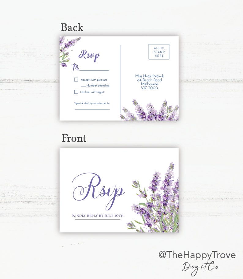 May include: A lavender-themed RSVP card with a floral design and the text "Rsvp" in cursive. The back of the card has a space for the guest to indicate their response and includes the address "Miss Hazel Novak, 64 Beach Road, Melbourne, VIC 3000".
