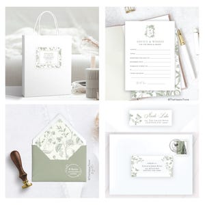 May include: A collection of wedding stationery featuring a white gift bag, advice cards, envelopes, and address labels. The designs incorporate a floral pattern in shades of green and white, with elegant typography.