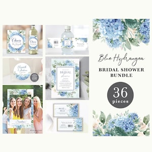 Blue Hydrangea Bridal Shower Bundle: Invitation, Poster, Tags (Digital Download) SINI