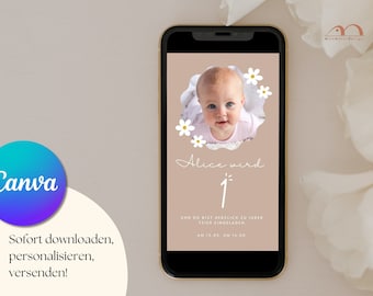 Digitale Einladung Daisy • Erster Geburtstag • minimalistische E-Card • personalisierbar • per Whatsapp versenden • Canva Template