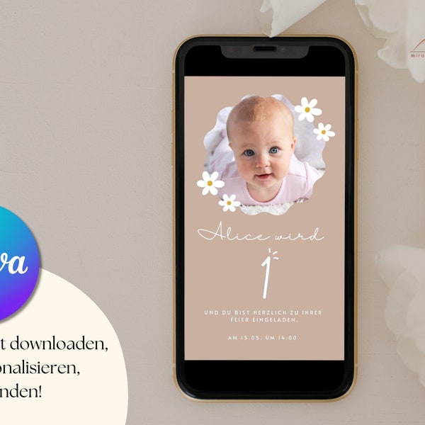 Digitale Einladung Daisy • Erster Geburtstag • minimalistische E-Card • personalisierbar • per Whatsapp versenden • Canva Template