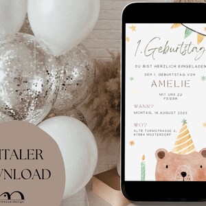 Digitale Einladung Erster Geburtstag minimalistische E-Card personalisierbar per Whatsapp versenden Canva Template Bild 2