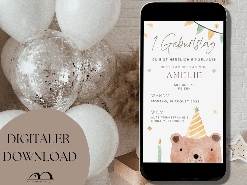 Digitale Einladung Erster Geburtstag minimalistische E-Card personalisierbar per Whatsapp versenden Canva Template Bild 2