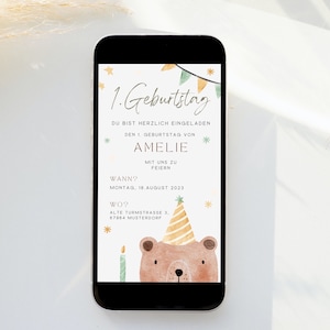 Digitale Einladung Erster Geburtstag minimalistische E-Card personalisierbar per Whatsapp versenden Canva Template Bild 5