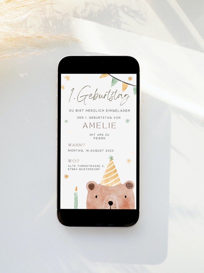 Digitale Einladung Erster Geburtstag minimalistische E-Card personalisierbar per Whatsapp versenden Canva Template Bild 5