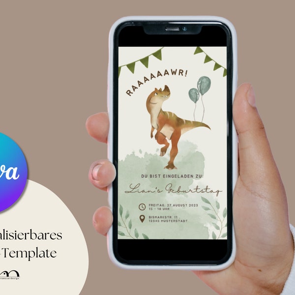 Digitale Einladung • Kindergeburtstag • Dinosaurier • minimalistische E-Card • personalisierbar • per Whatsapp versenden • Canva Template