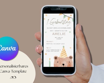 Digitale Einladung • Erster Geburtstag • minimalistische E-Card • personalisierbar • per Whatsapp versenden • Canva Template