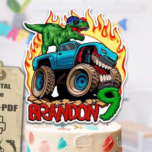 T-rex on a Monster Truck Cake Topper. Personalized Cake Topper. Monster Truck Birthday Party. Digital JPG PDF file