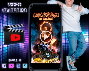 Monster Truck Invitation, Birthday Mobile Video Invitation, Party Invitation,Kids Birthday Invite,Birthday Party