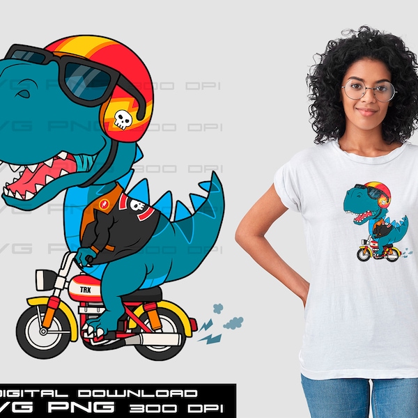 Dino SVG, Trex PNG, Instant download, T-shirt Sublimation Digital File Download, Cool dinosaur riding a motorcycle.