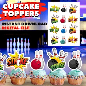 Bowling style cupcake decorations, bowling style party with personalized cupcake decorations, instant downloads-
