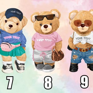 May include: Three cartoon teddy bears wearing stylish outfits. One bear wears a blue hoodie, cap, and skirt, holding a coffee cup. Another bear is in a pink shirt and sunglasses. The third bear sports a white shirt, gold chain, and ripped jeans.