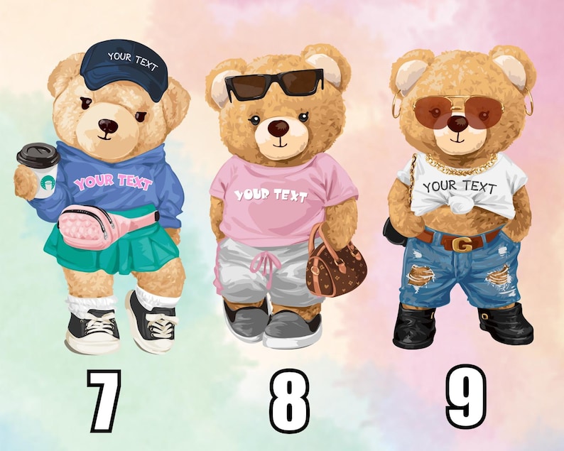 May include: Three cartoon teddy bears wearing stylish outfits. One bear wears a blue hoodie, cap, and skirt, holding a coffee cup. Another bear is in a pink shirt and sunglasses. The third bear sports a white shirt, gold chain, and ripped jeans.