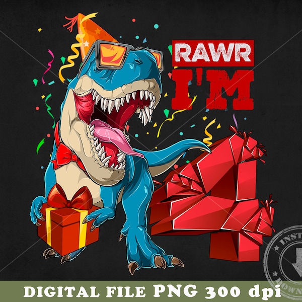 T-rex 4ème anniversaire garçon | 4e anniversaire garçon dinosaure PNG | Téléchargement instantané PNG | T-shirt Sublimation Téléchargement de fichiers numériques