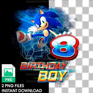 May include: A digital illustration of Sonic the Hedgehog running with a large number 8 in the background. The text "Birthday Boy" is in a bold, colourful font.