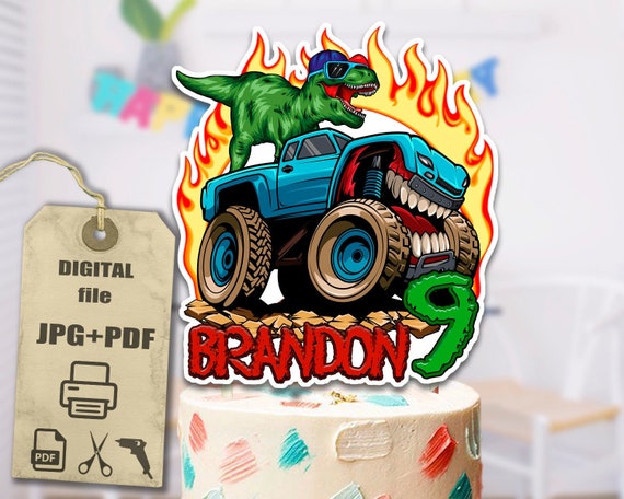 Personalized T-Rex Monster Truck Cake Topper (Digital PDF/JPG)