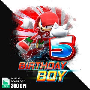May include: Red and blue birthday graphic with a cartoon character of Sonic the Hedgehog. The graphic says "Birthday Boy" and the number "5".