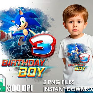 May include: A digital design featuring Sonic the Hedgehog running with a blue and red number 3. The text "Birthday Boy" is in a bold, yellow font. The design is on a white t-shirt worn by a child.