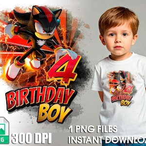 Może przedstawiać: Cyfrowy projekt do wydruku przedstawiający postać z kreskówki, Shadow the Hedgehog, w dynamicznej pozie na czerwono-żółtym tle. Projekt zawiera tekst "4 Birthday Boy" i nadaje się na przyjęcie urodzinowe.