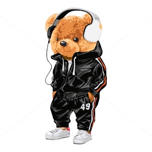 May include: Illustration of a brown teddy bear wearing a black tracksuit with orange stripes and the number 49. The bear has white headphones and white sneakers with red accents. The text "BEAR DOLL" is on the jacket.