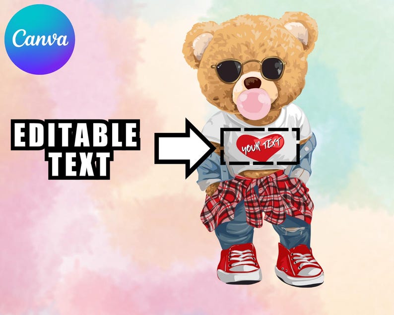 May include: Illustration of a teddy bear wearing sunglasses, a white t-shirt with a red heart and the text "YOUR TEXT", a denim jacket, ripped jeans, red sneakers, and a red and black plaid shirt tied around its waist. The bear has a bubble gum bubble.