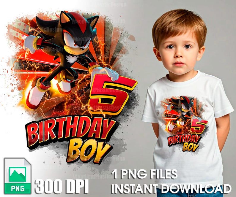Może przedstawiać: Biała koszulka z grafiką przedstawiającą czarną i czerwoną postać z gry wideo, cyfrę 5 i napis "Birthday Boy".