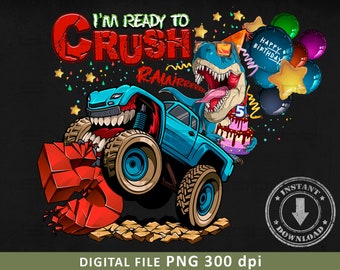 T-Rex Monster Truck 5-årsdag PNG: T-shirt sublimering (digital nedladdning)