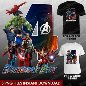 May include: A digital design featuring a number four with a galaxy background. The number is surrounded by images of popular superhero characters from the Avengers, including Iron Man, Captain America, Thor, Hulk, and Spiderman. The text "Birthday Boy" is written below the number.