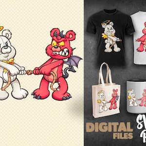 Könnte beinhalten: Ein weißer Teddybär mit Heiligenschein und ein roter Teufelsteddybär ziehen an einem Seil. Der weiße Bär ist links und der rote Bär rechts. Das Bild ist ein digitaler Download für Bastelprojekte.